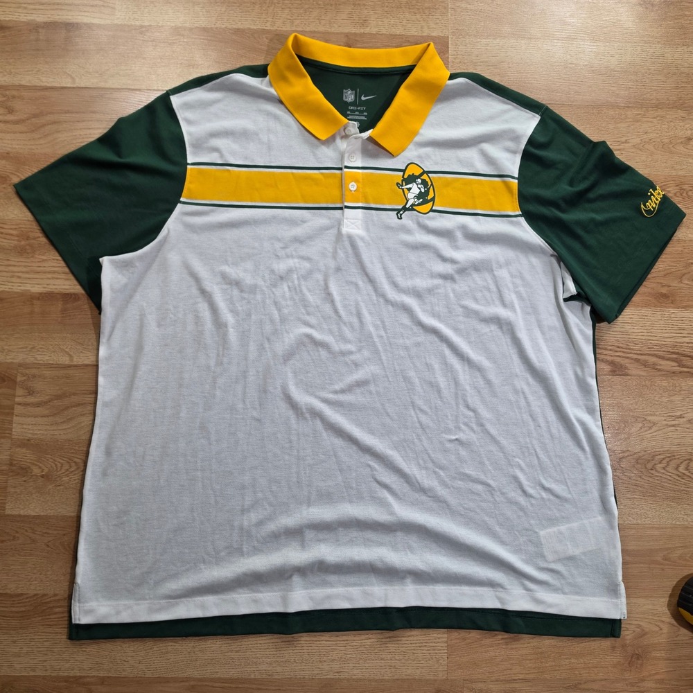 Nike Green Bay Packers Polo Mens 3XL Dri-FIT Retro Logo White Green Gold Golf